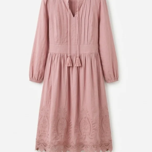 Soft Pink Long-Sleeve Midi Dress with Tassel Waist - Picture 2 of 8